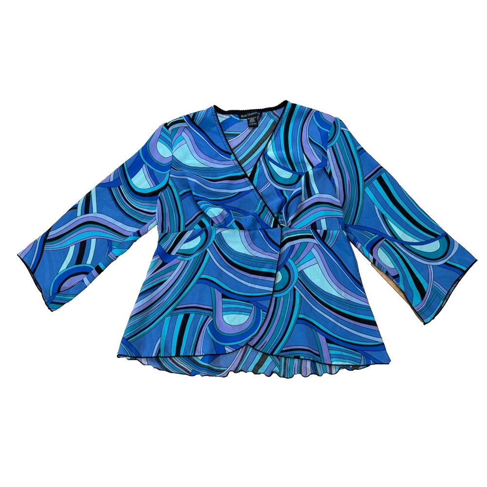 Y2k Vtg Empire Waist Top L 3/4 Sleeve Blue Purple Whimsigoth Forest fairy grunge